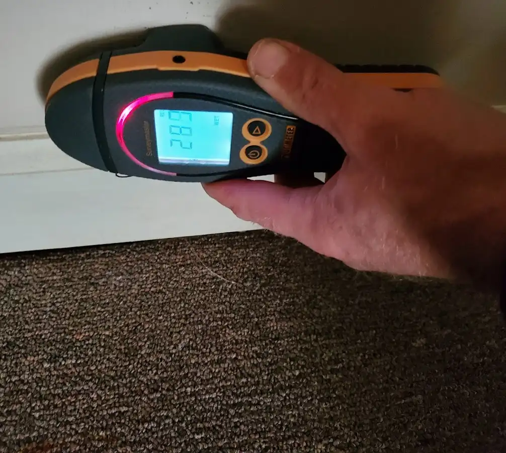 Moisture detection at baseboard during Storm Damage Restoration in Pearsall